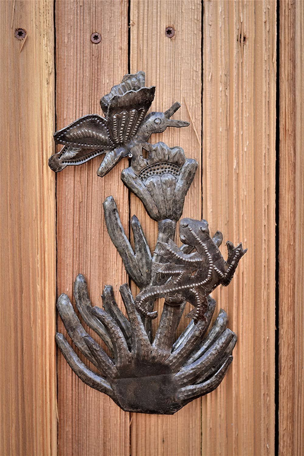 Butterfly and Gecko, Haitian Metal Wall Art 6" x 10"