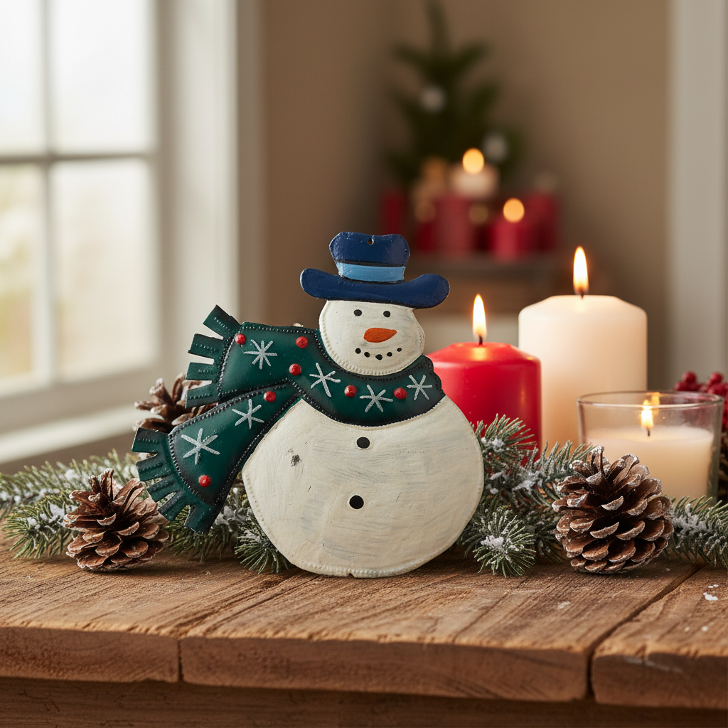 Painted Snowman & Scarf Ornament