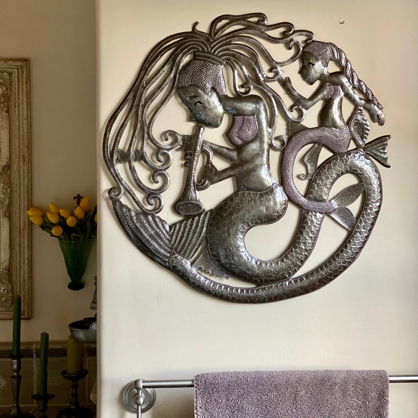 Mermaids Playing Music Wall Art, Under the Sea Home Decor, Handmade in Haiti, 23 Inches Round