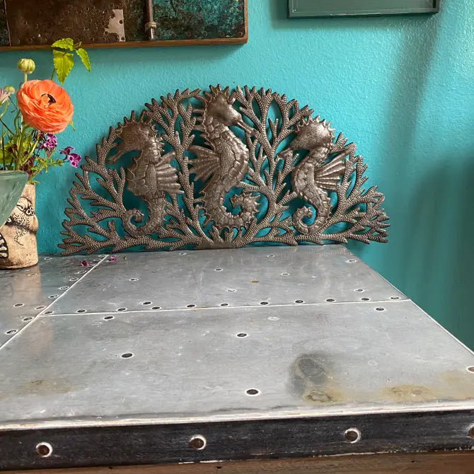 Metal Seahorse Arch, Handmade Wall Decor, Nautical 22"x11" 