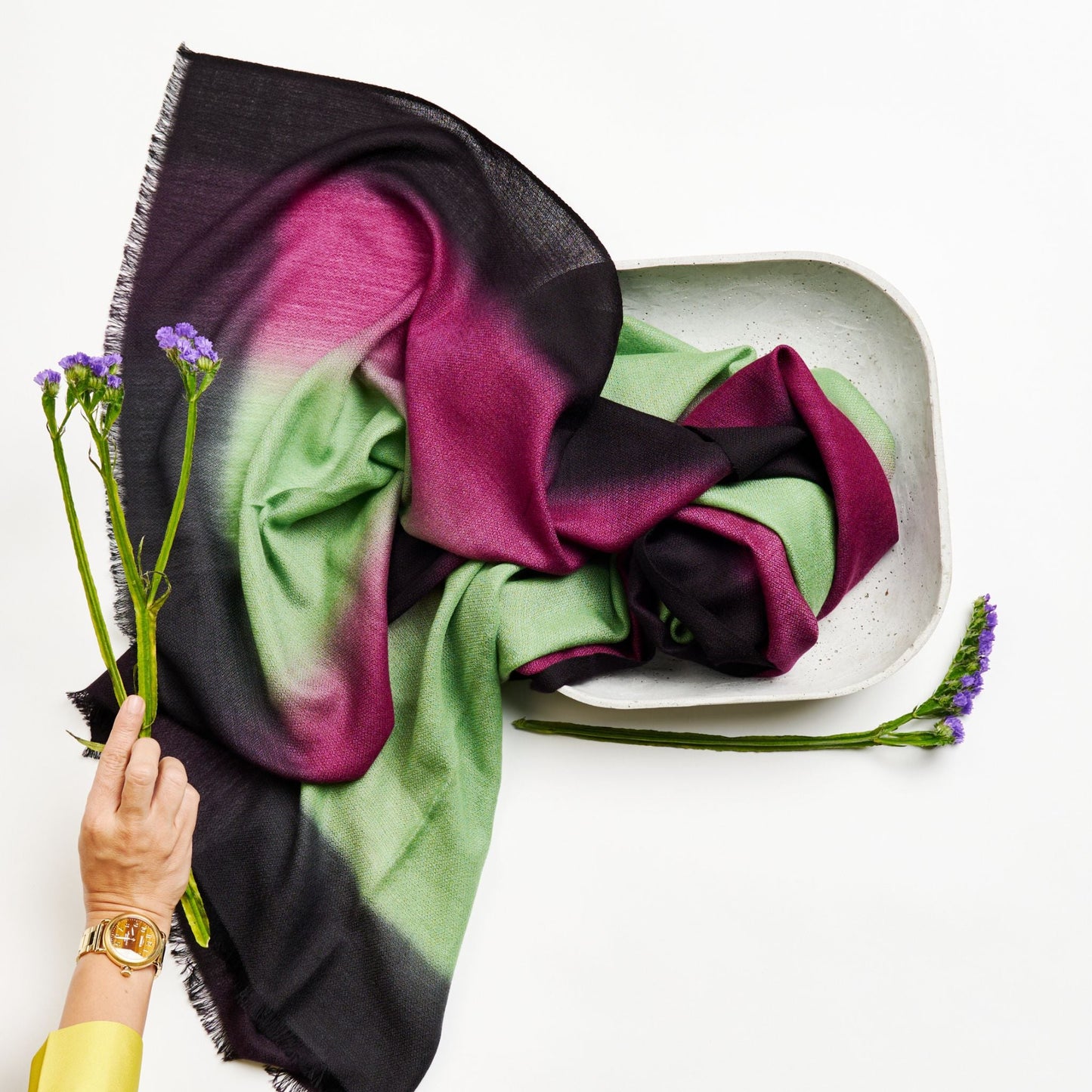 Iris Courtyard Green Purple Hand Woven Cashmere Merino Scarf