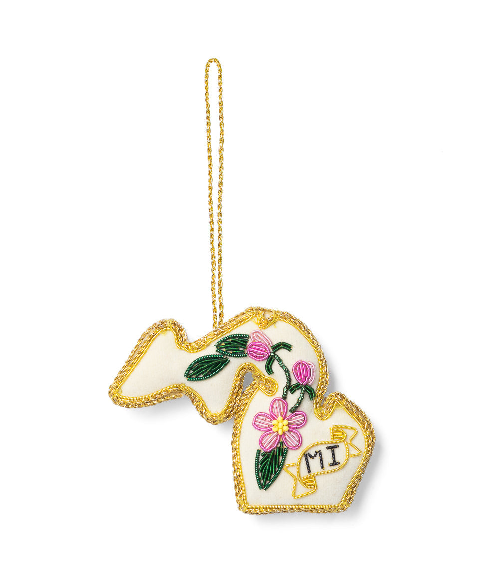 Michigan State Apple Blossom Beaded Fabric Ornament - Embroidered