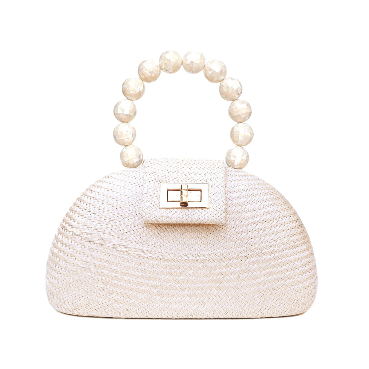 THE ORLA Cream Woven Straw & Shell Pearl Bead Statement Clutch Bag