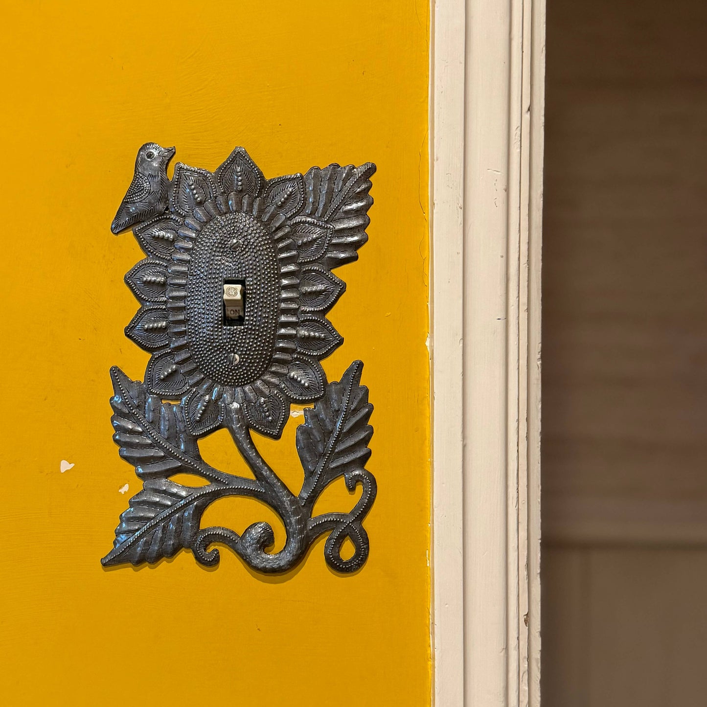 Haitian Metal Switch Plate Sunflower Bird 5.75x9 Handmade
