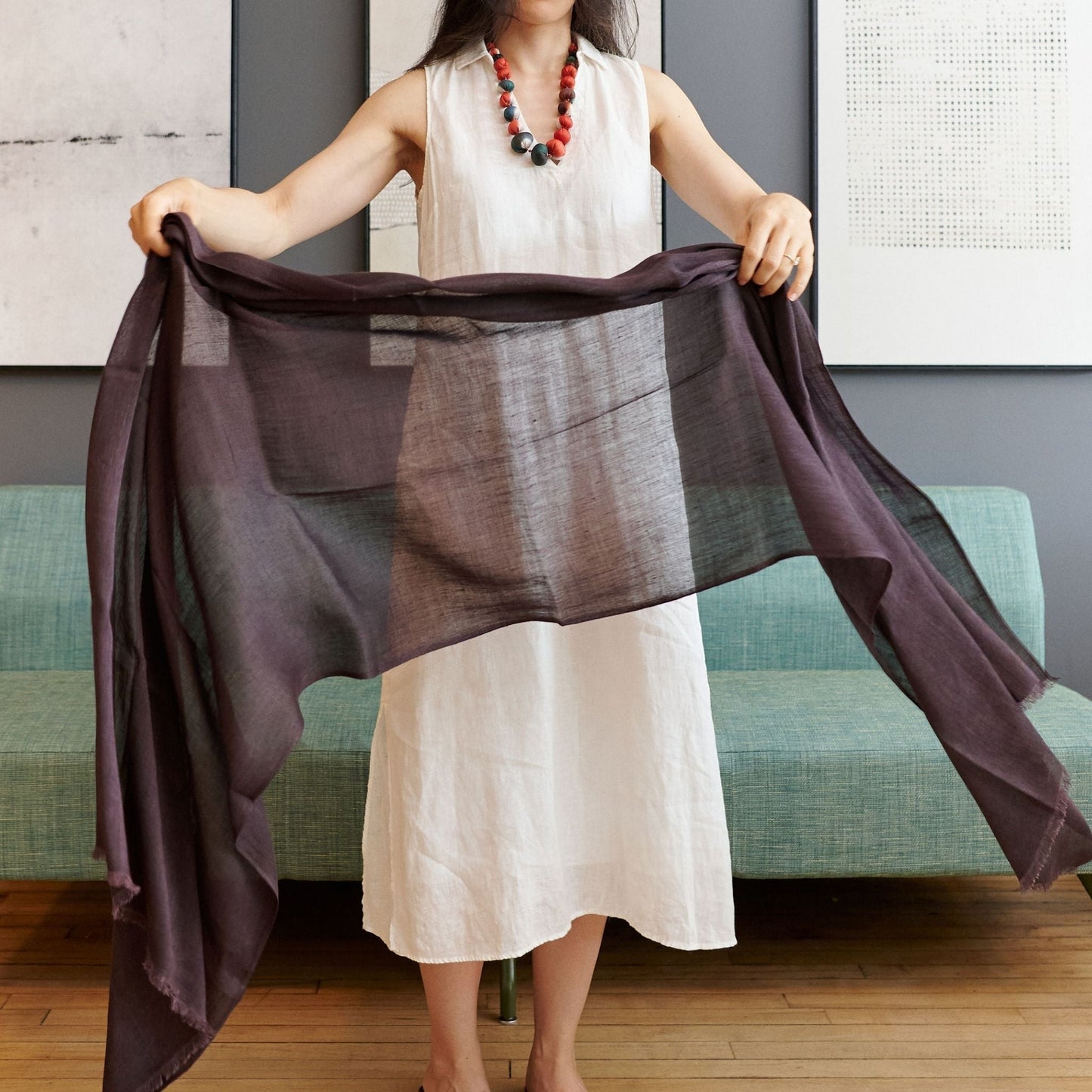 Resin Dark Brown  Hand Woven Soft Linen Silk Scarf