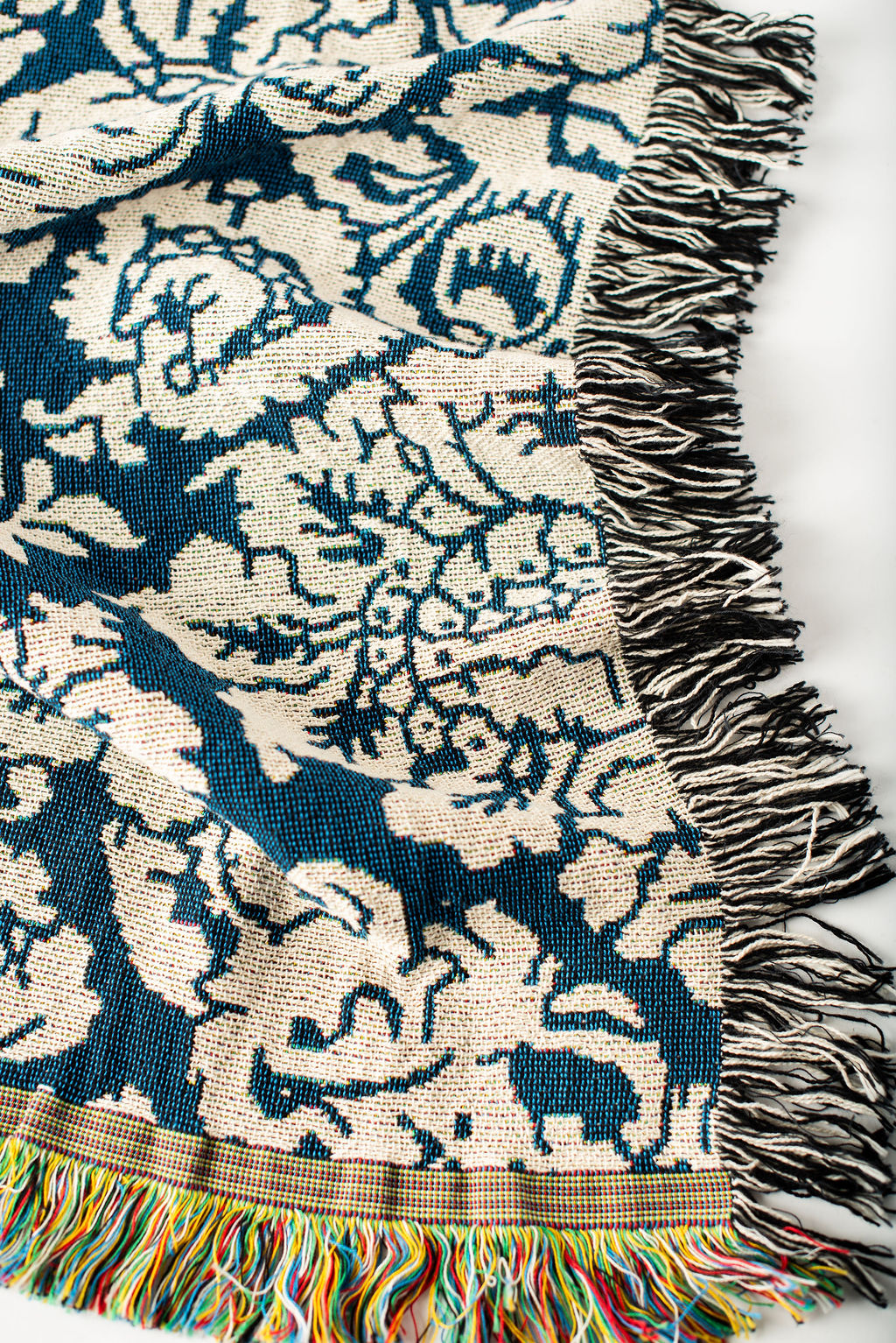 Blue Damask Floral Jacquard Woven Throw