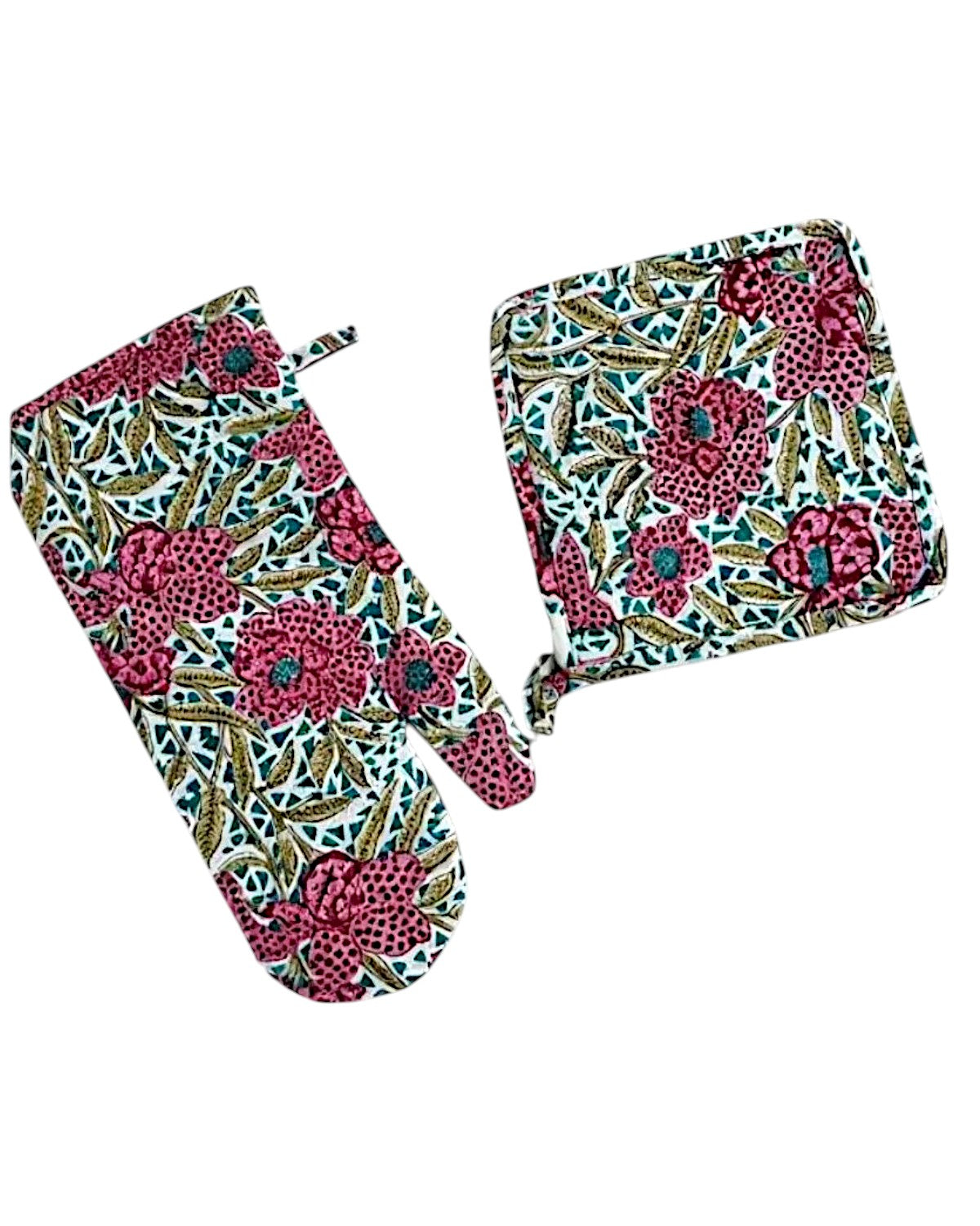 Hand Block Print Oven Mitt Pot Holder Set | Cotton Floral Kitchen Decor