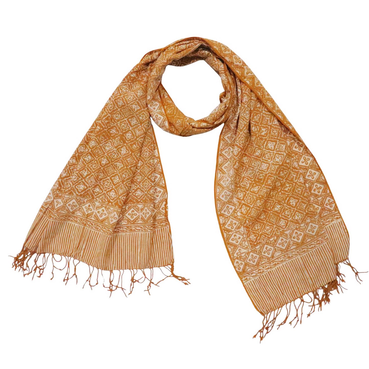 Handmade Batik Scarf, Soft Cotton, Frangipani, Kamboja, Yellow, Brown, Cream, Fall, Autumn
