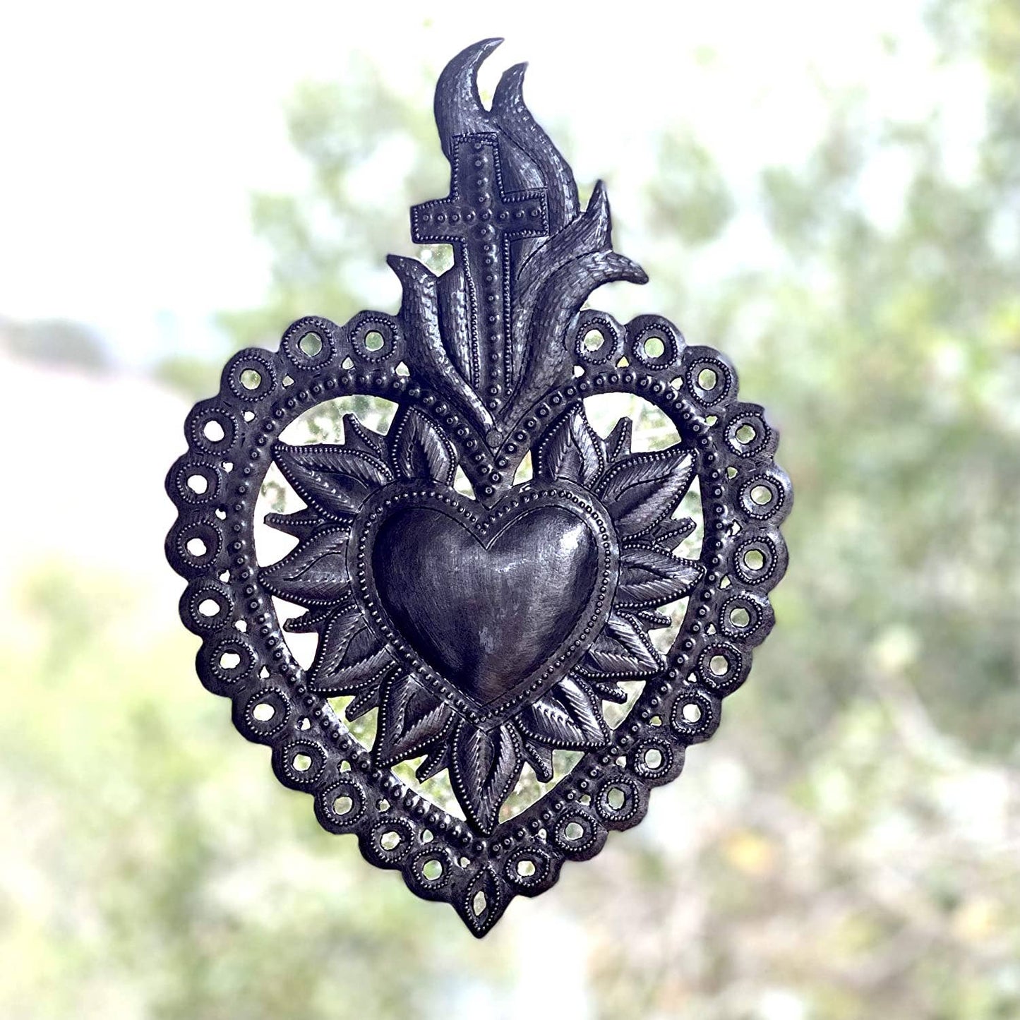Flaming Sacred Heart with Cross,Haitian Metal Art 7"x10.25"