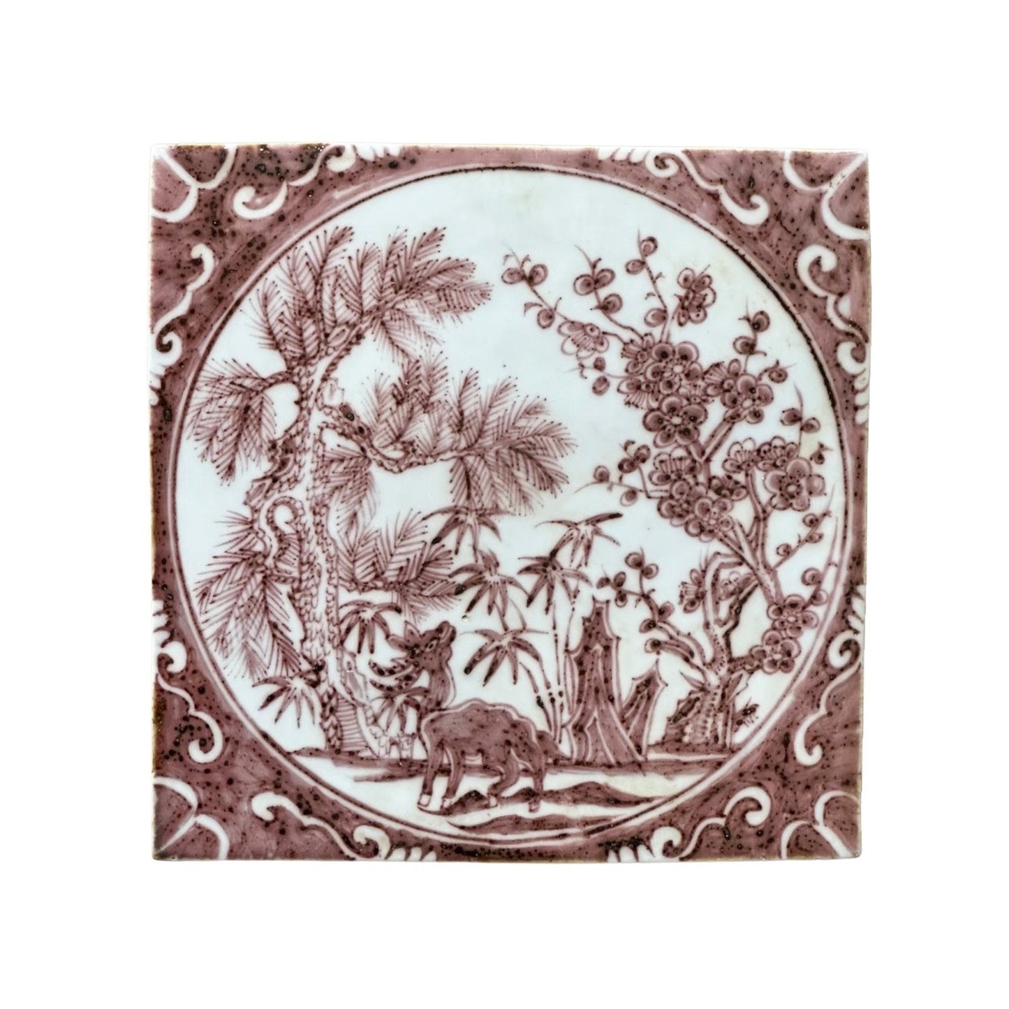 Hand Painted Porcelain Red and White Auspicious Deer Tile