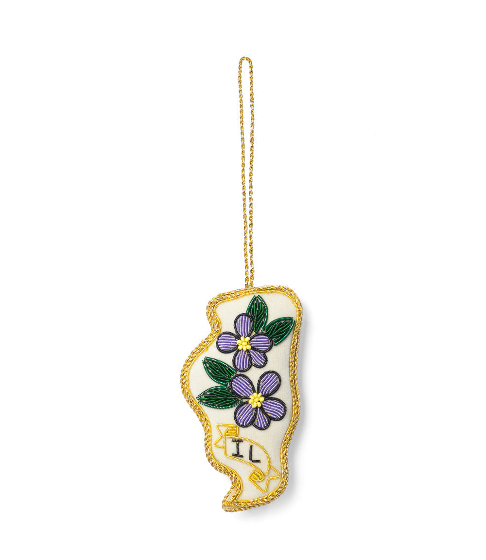Illinois State Blue Violet Beaded Fabric Ornament - Embroidered