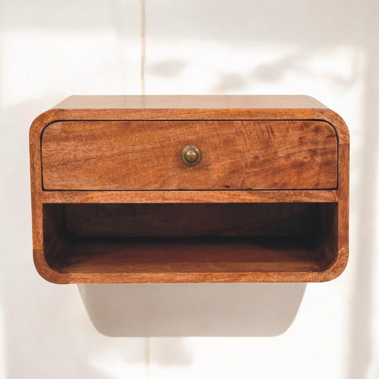 Solid Wood Curved Honey Caramel Wall-Mounted Bedside Table