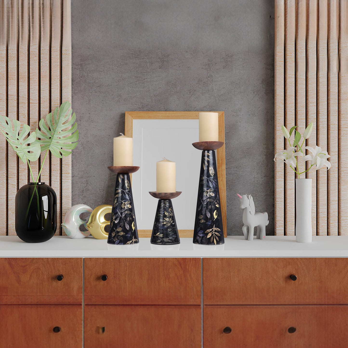 Moody Floral Mango Wood Pillar Candleholders – Black Set of 3