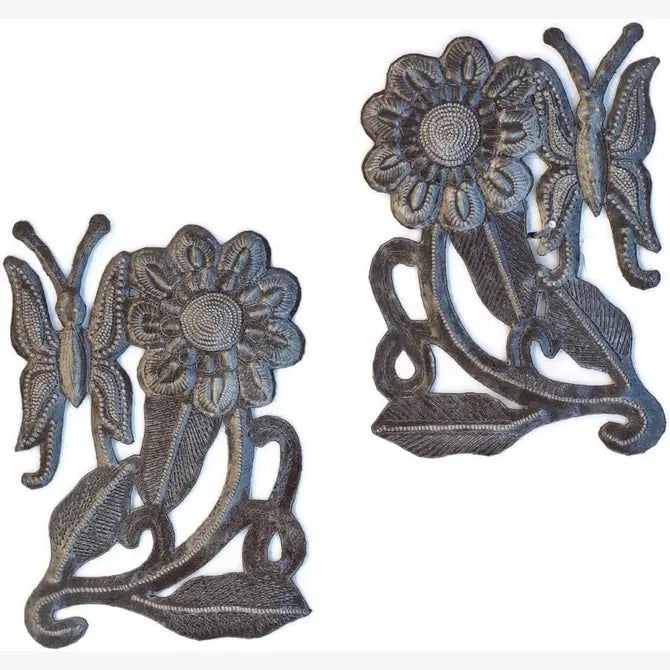 Handmade Haitian Art, Set of 2 Butterfly & Flower, 7.5