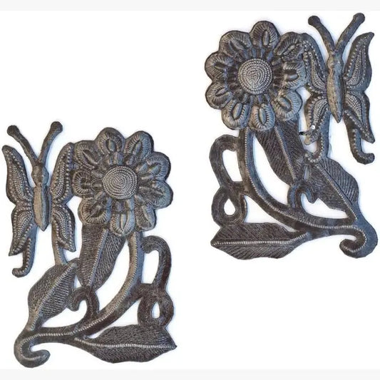 Handmade Haitian Art, Set of 2 Butterfly & Flower, 7.5