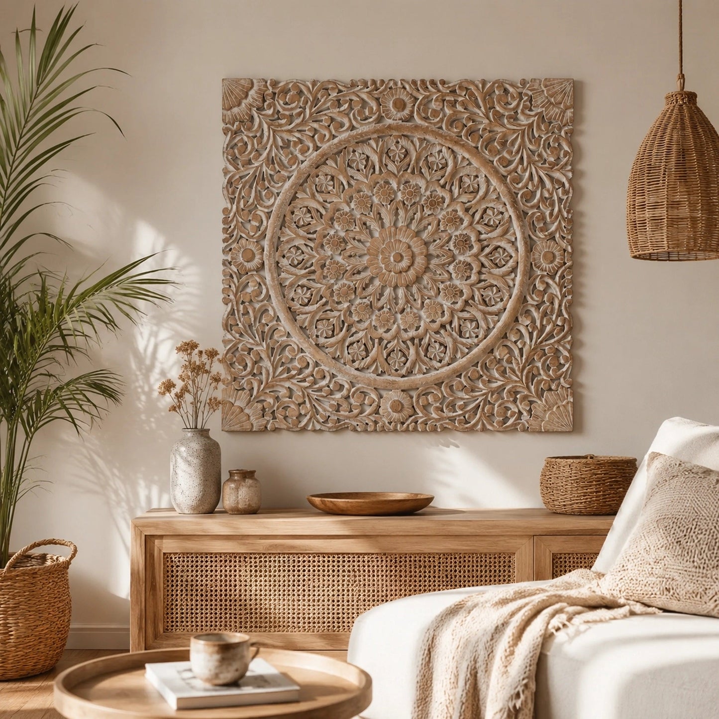 Wooden Floral Hand Carved Mandala Square Wall Decor