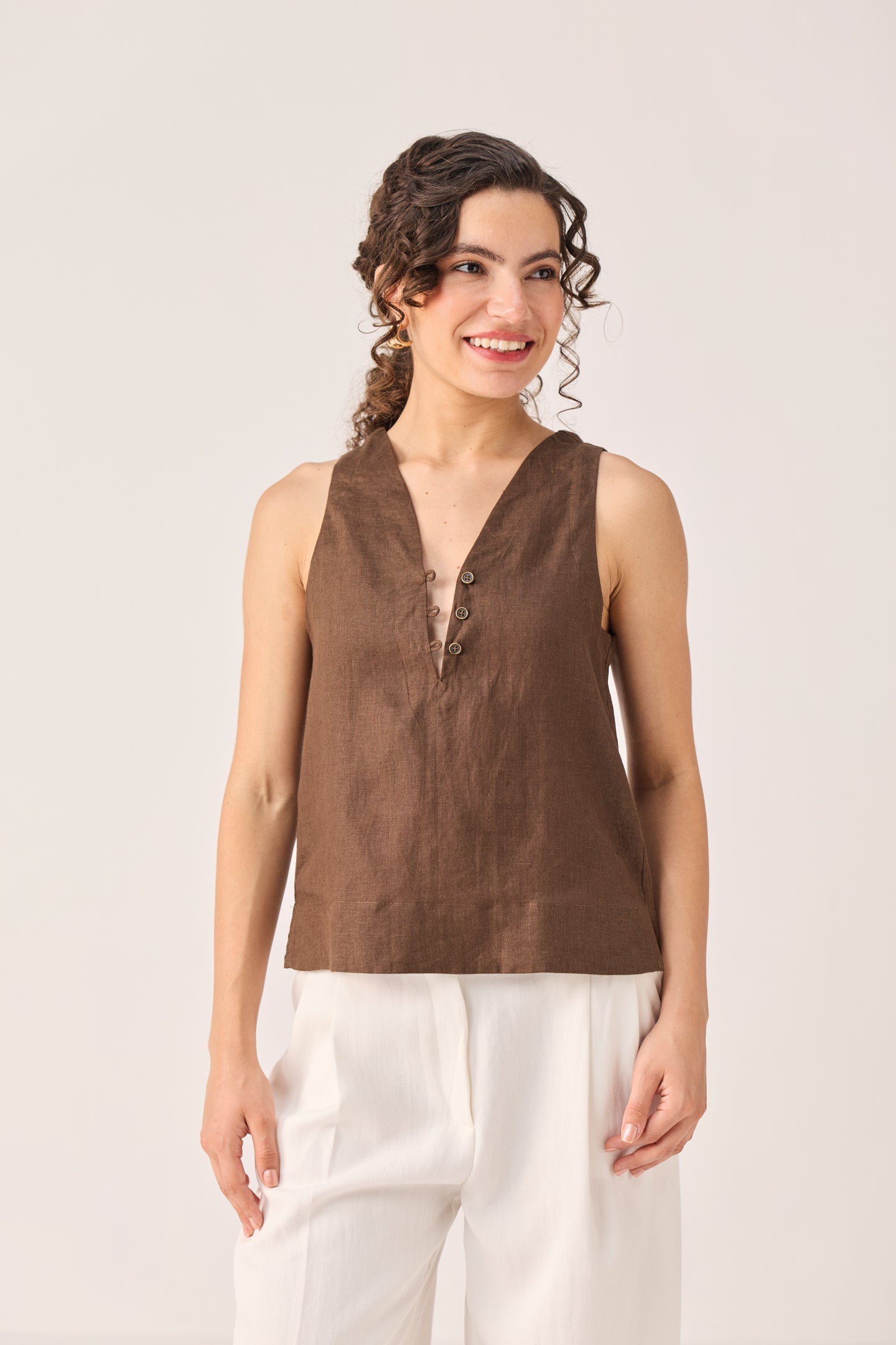 The Button Neck Top in Brown