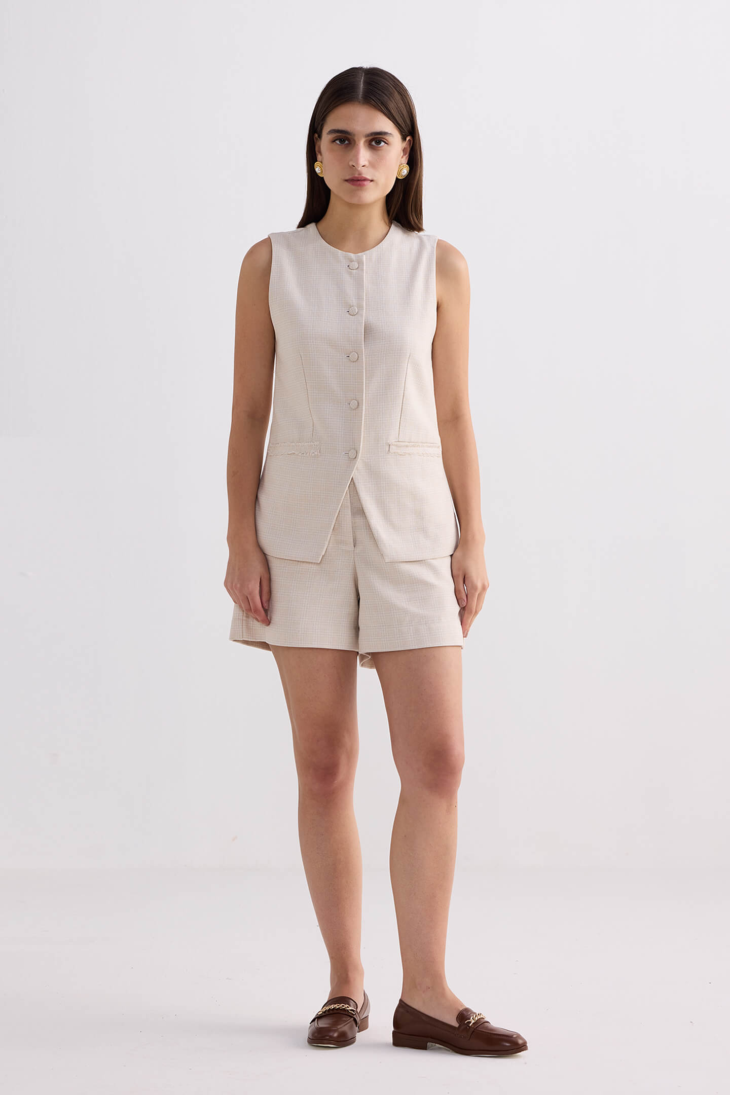Cotton Tweed Shorts in Cream Front