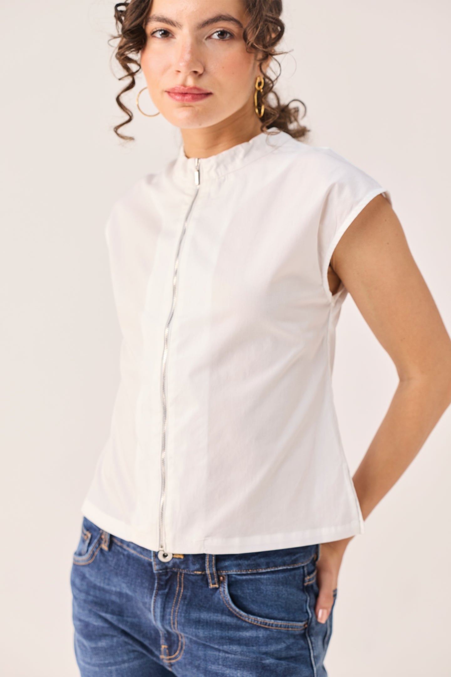 Front Zip Top in White
