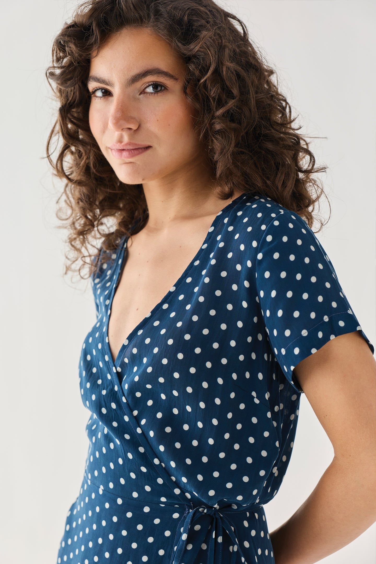 Wrap-Around Top in Navy Blue Polka