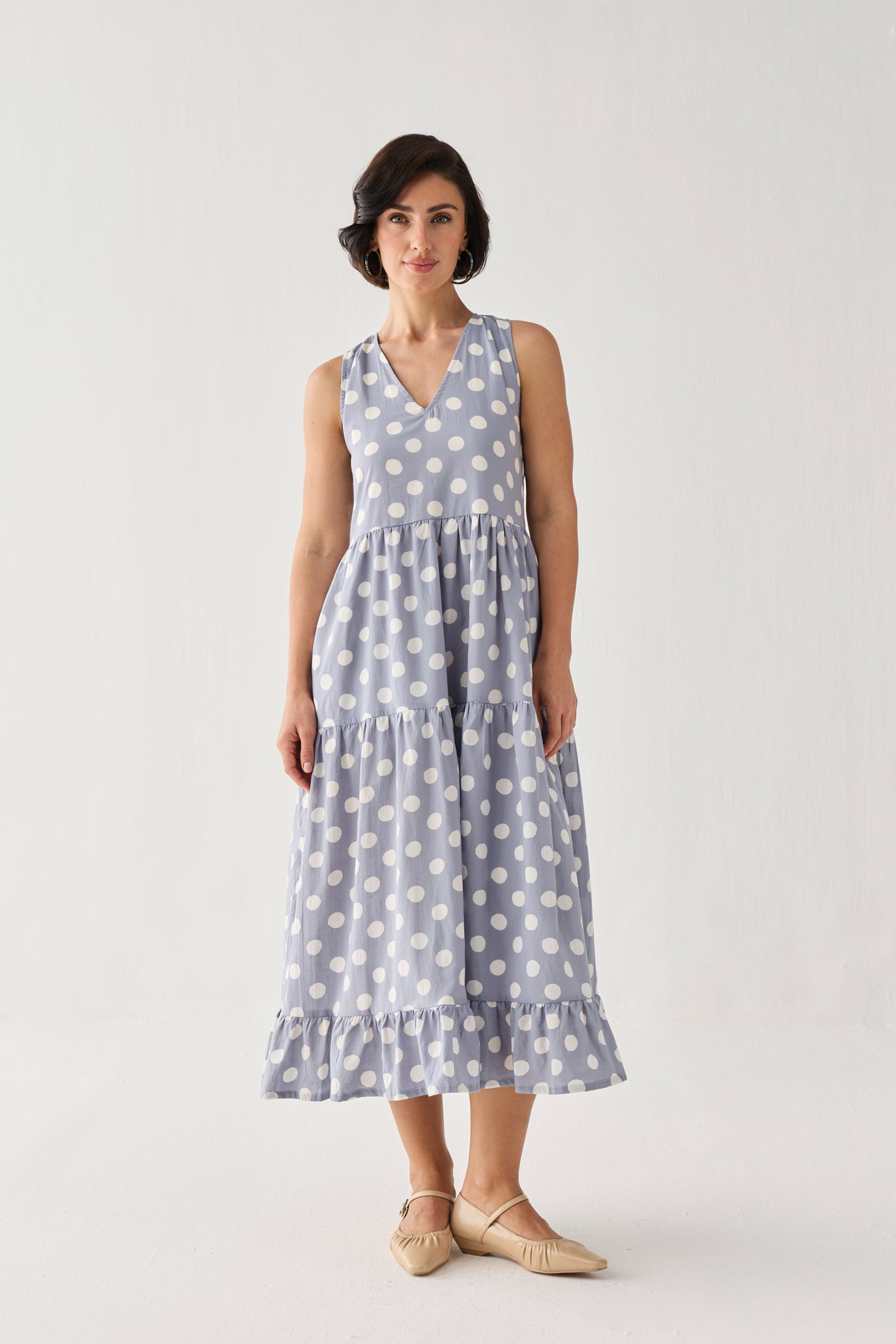 Tiered Midi Dress in Blue Polka