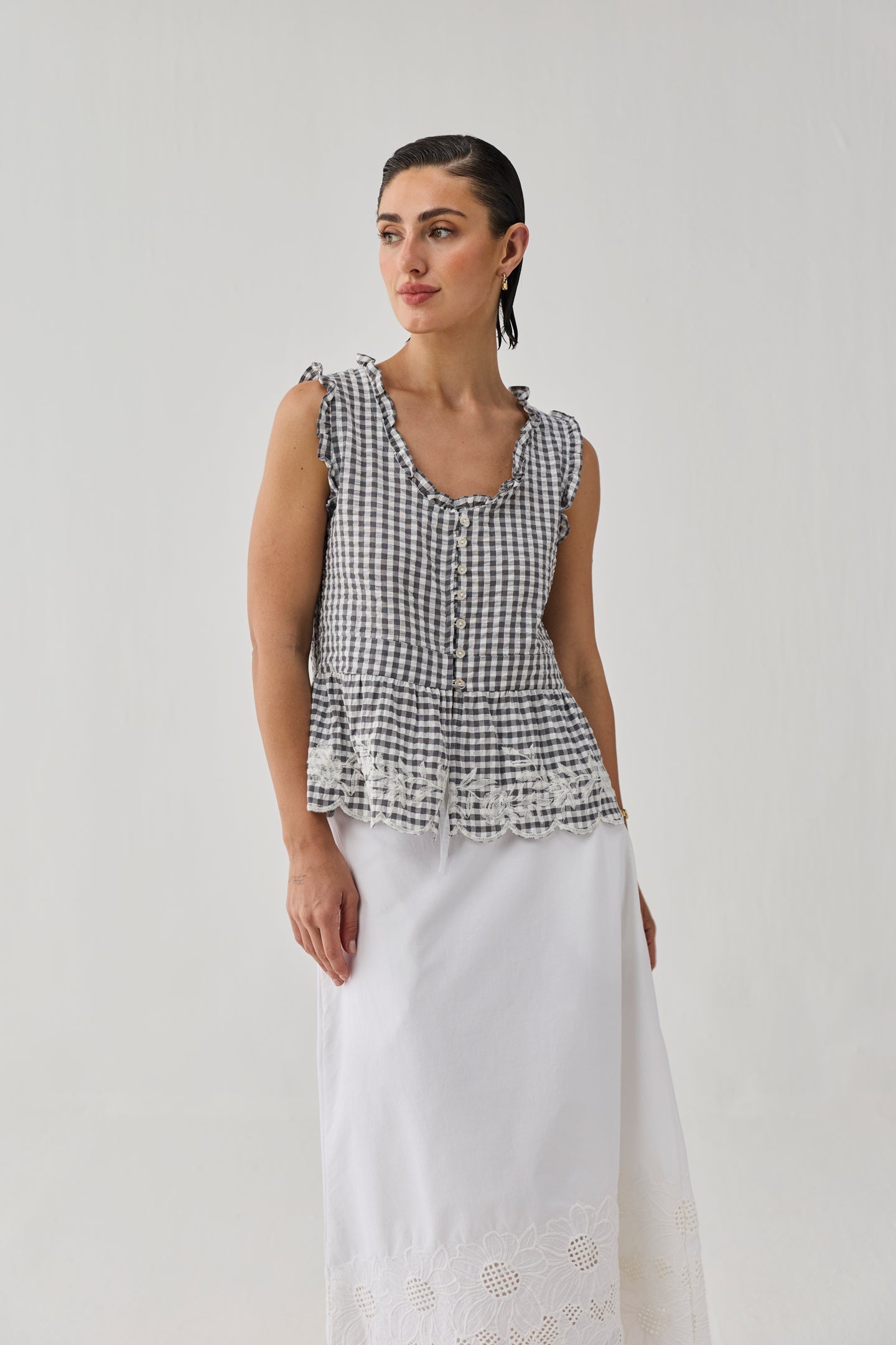 Embroidered Peplum Top in Grey Check