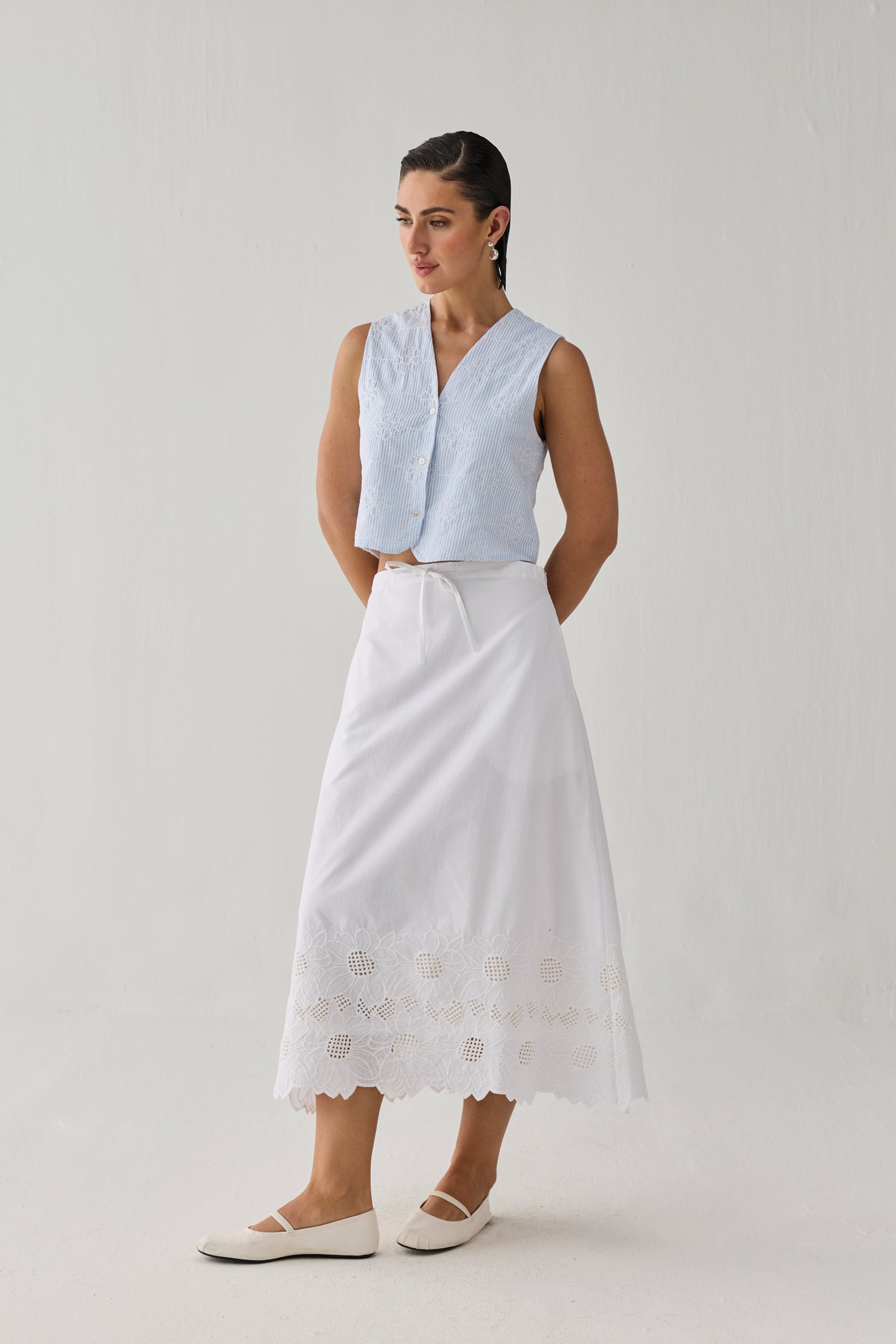 Embroidered Sleeveless Vest Top in Blue Stripe