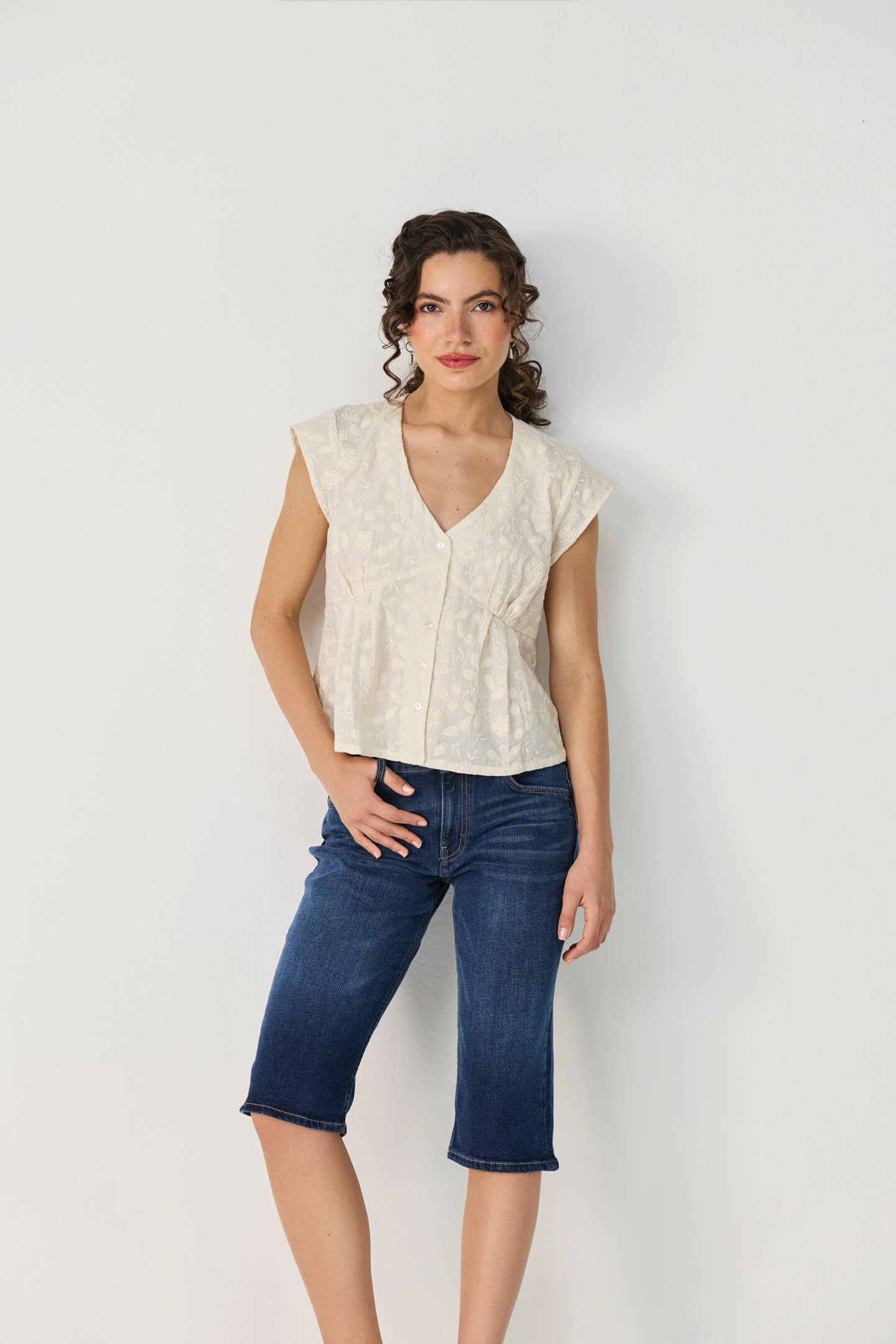 Embroidered Deep V Neck Top in Cream