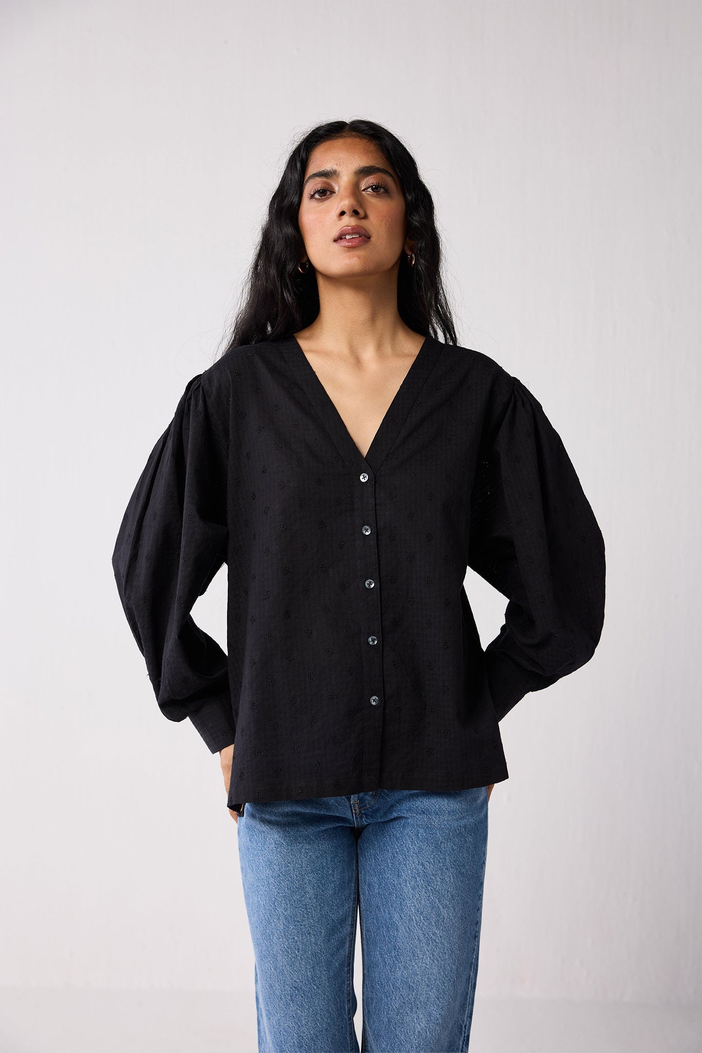Embroidered Shirt with Long Balloon Sleeves in Black
