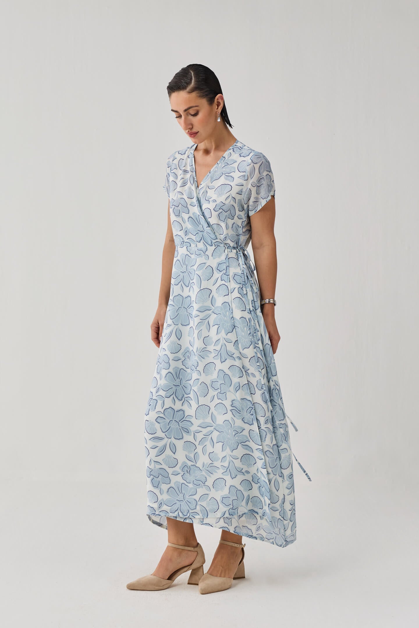 Maxi Wrap Dress in Soft Blue Florals