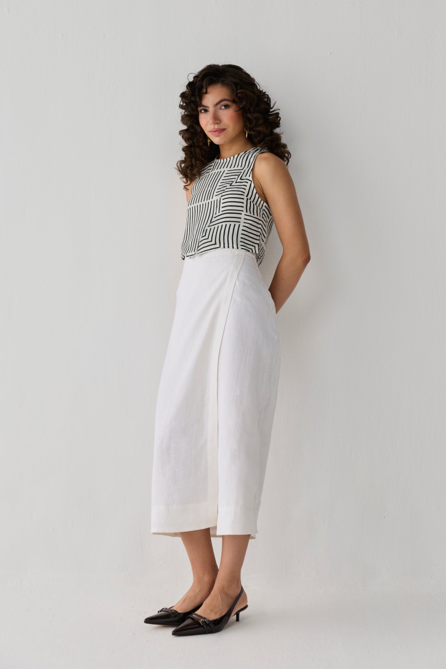 Fitted Overlap Midi Skirt in Off - white