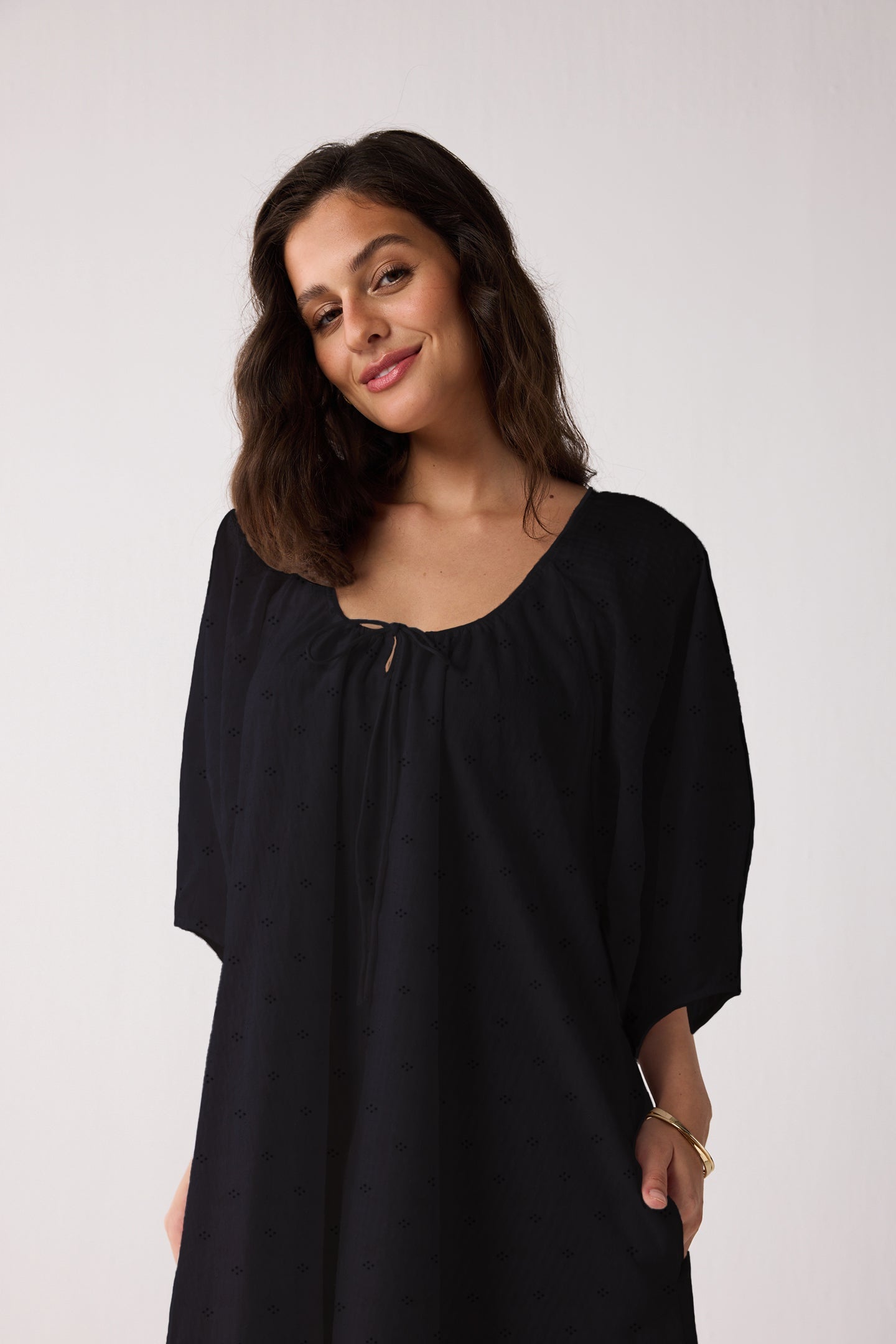 Puff Sleeved Dress with Drawstring Neckline in Black