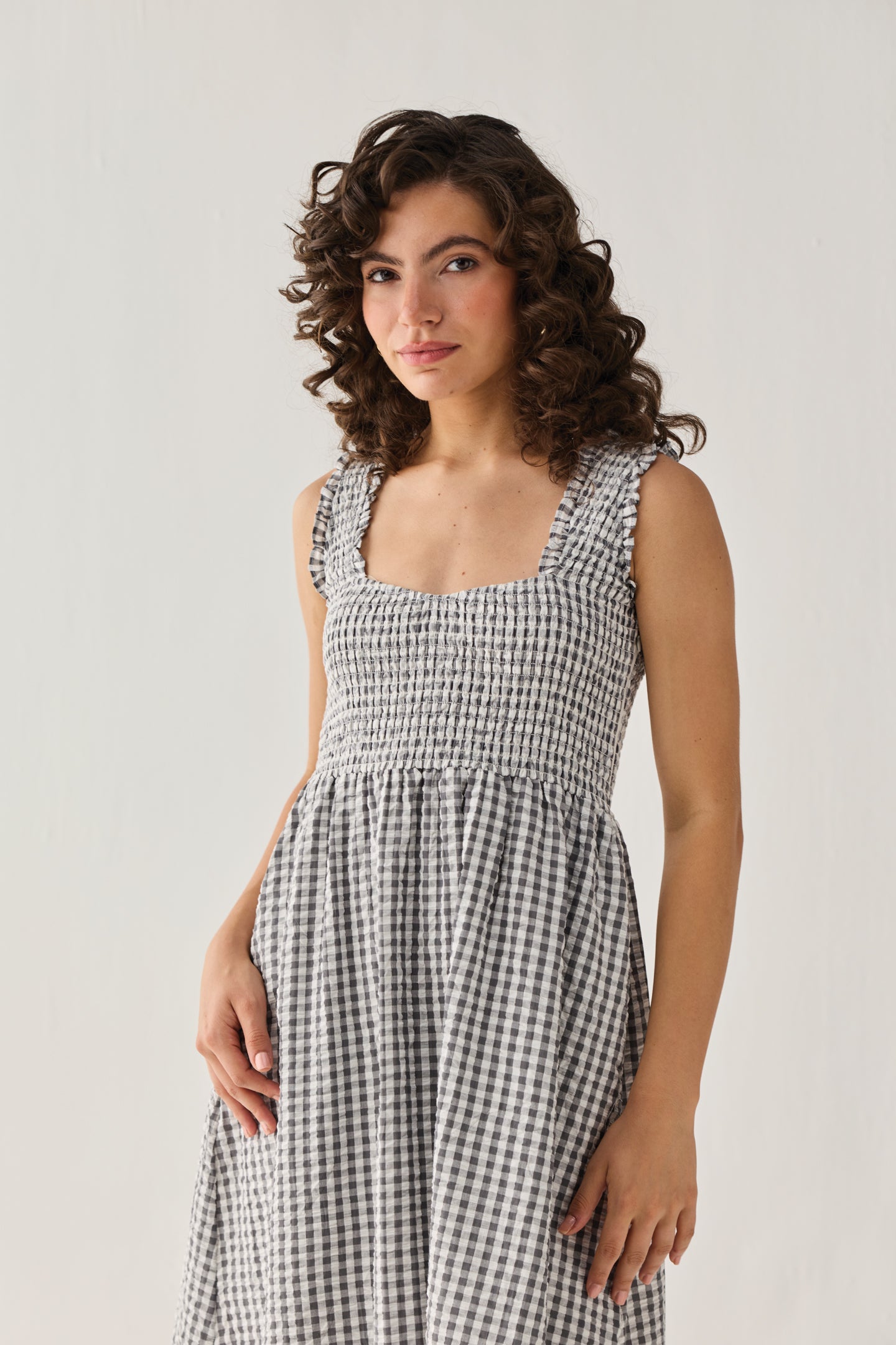 The Smocked Maxi Dress in Grey Check