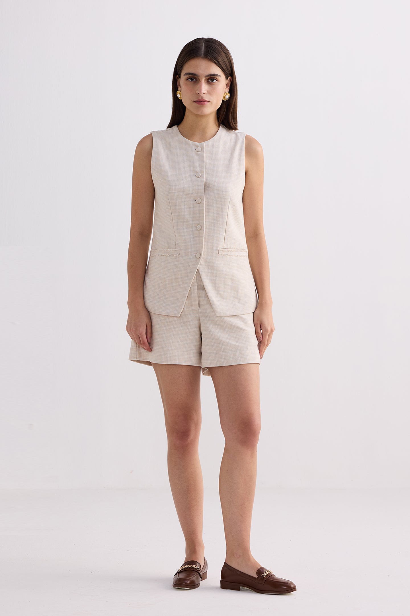 Cotton Tweed Vest Jacket Set in Cream Front