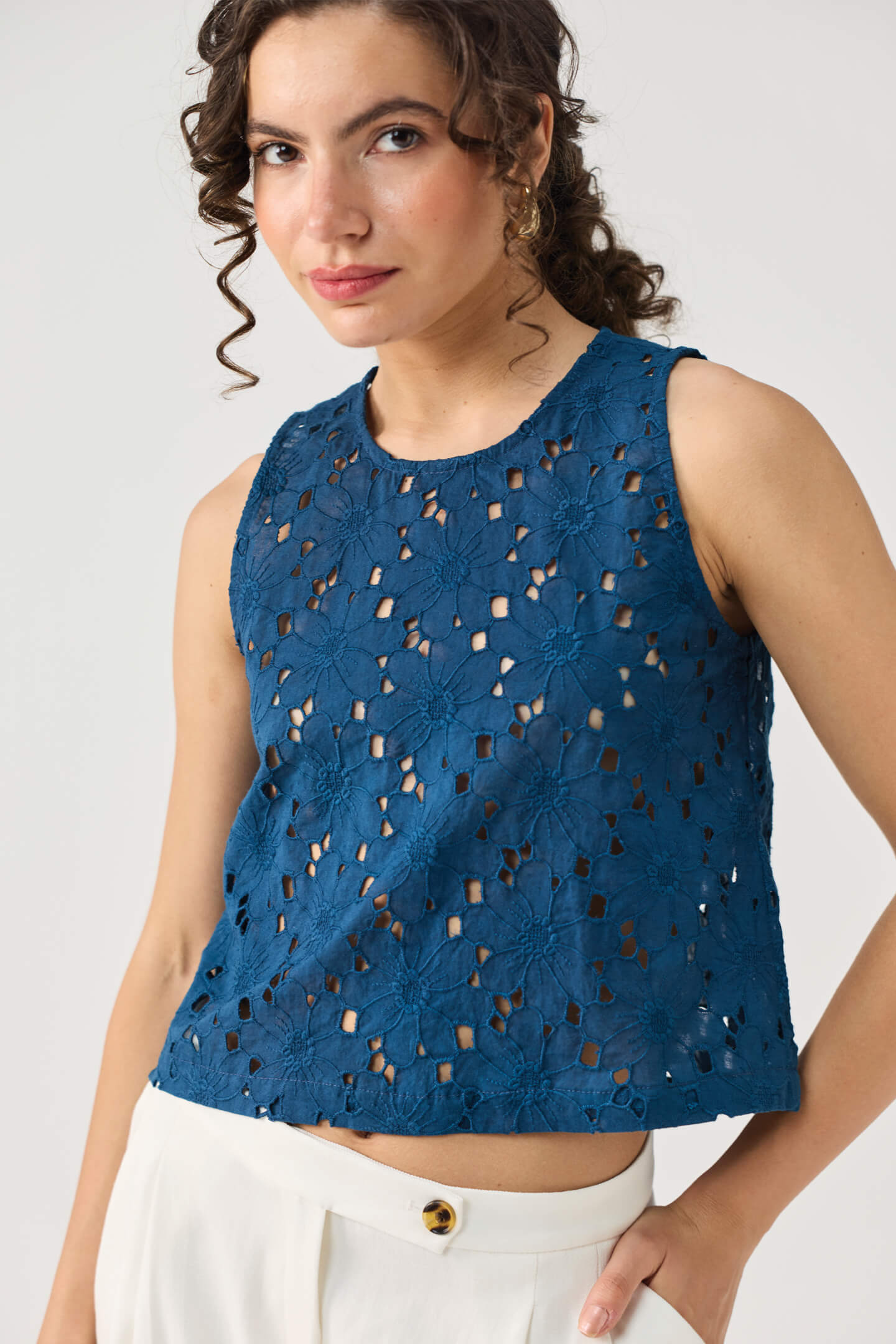 The Embroidered Button Back Top in Blue
