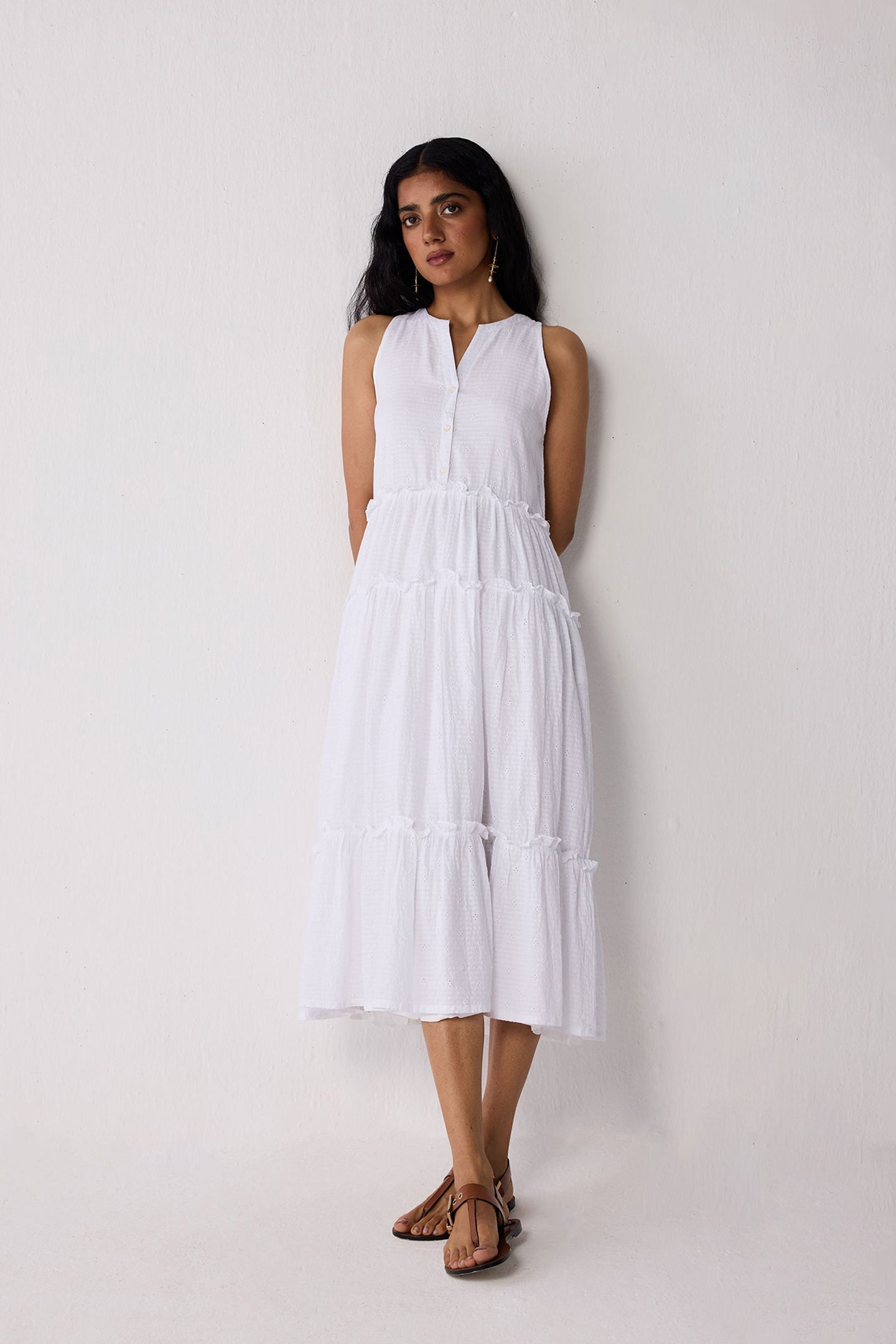 Embroidered Sleeveless Maxi Dress in White