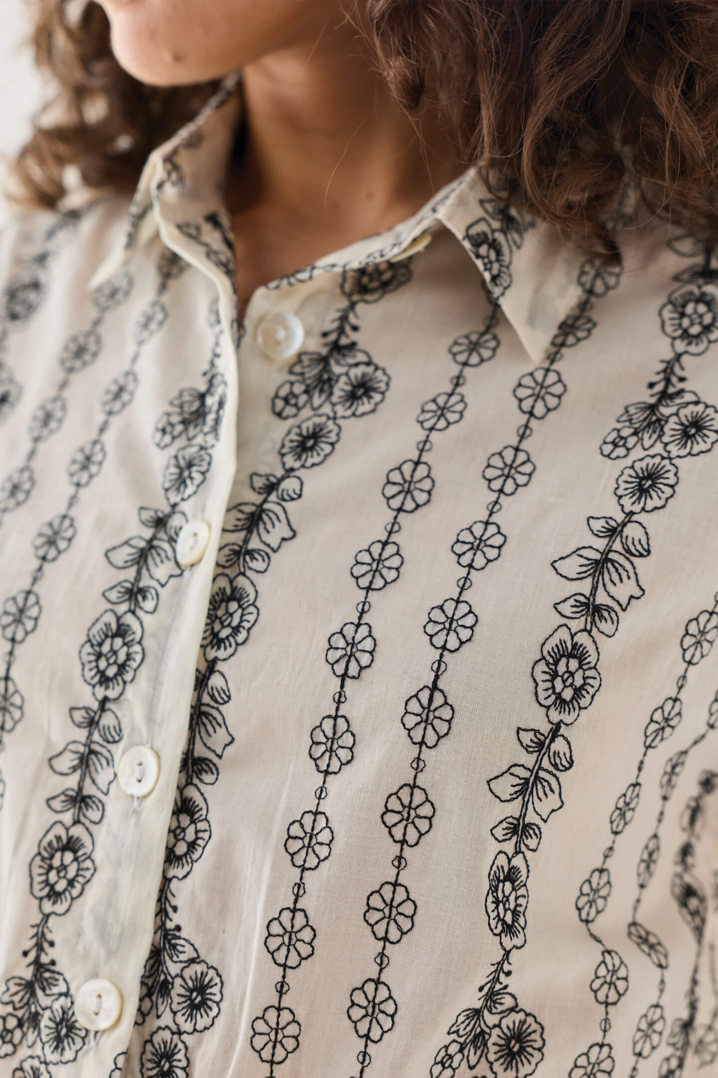 Oversized Crop Shirt with Floral Embroidery