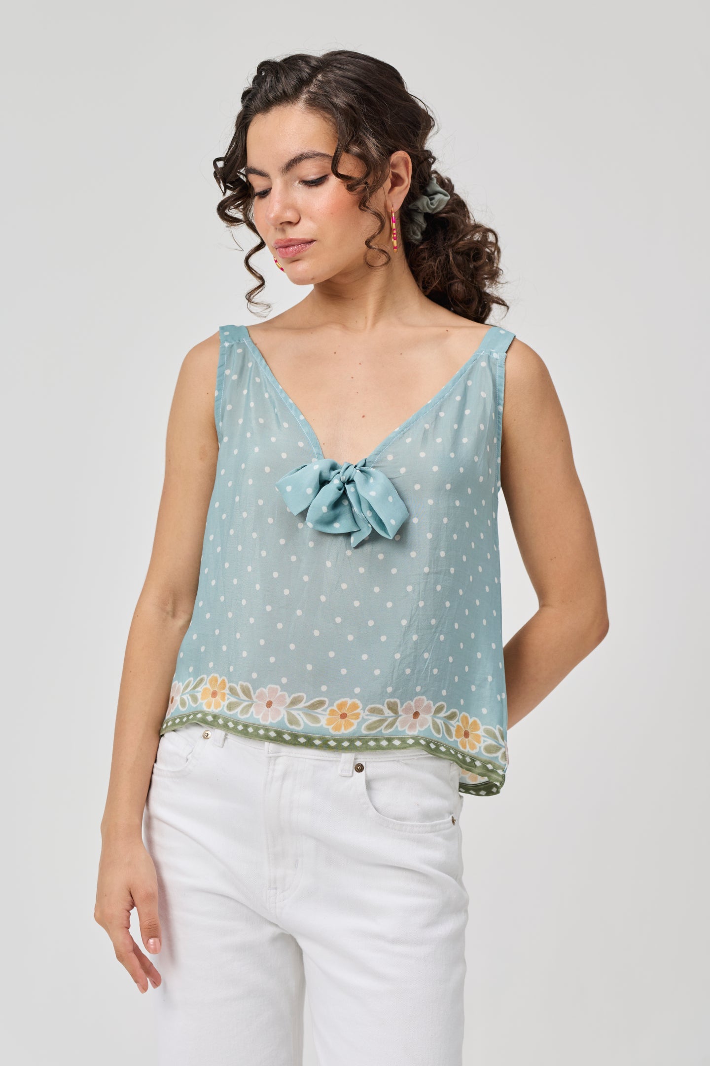 Deep V-Neck Polka Dot Top with Bow Detail