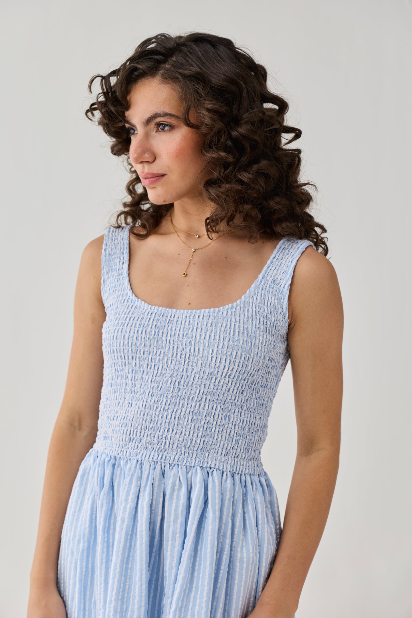Smocked Short Dress in Blue Stripes