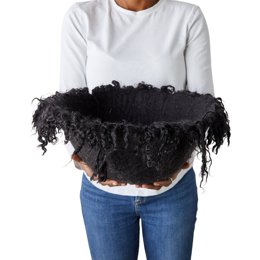 Fringed Skirt Black Decorative Karakul Wool and Mohair Bowl