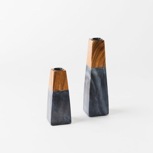 Tapered Marble & Acacia Candleholder