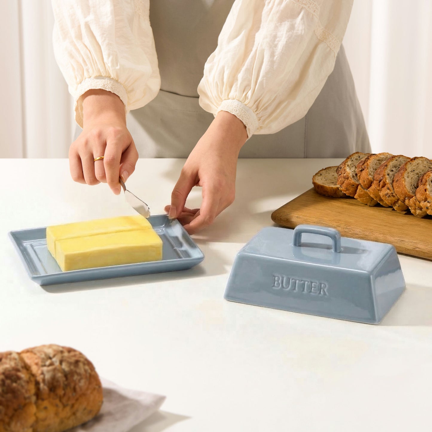 Ceramic Extra Large Butter Dish with Lid, White