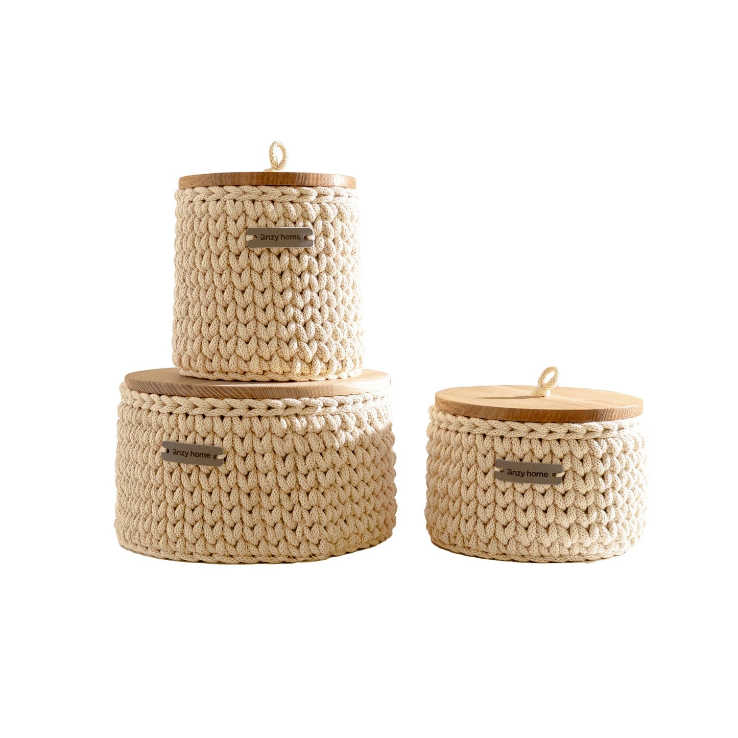 Round Storage Baskets w/ Wooden Lid