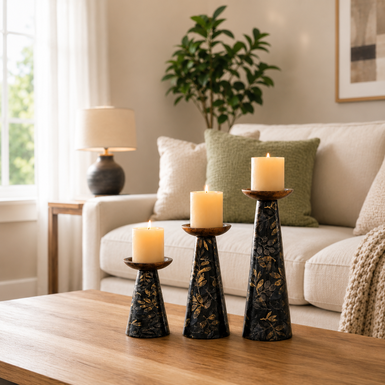 Moody Floral Mango Wood Pillar Candleholders – Black Set of 3