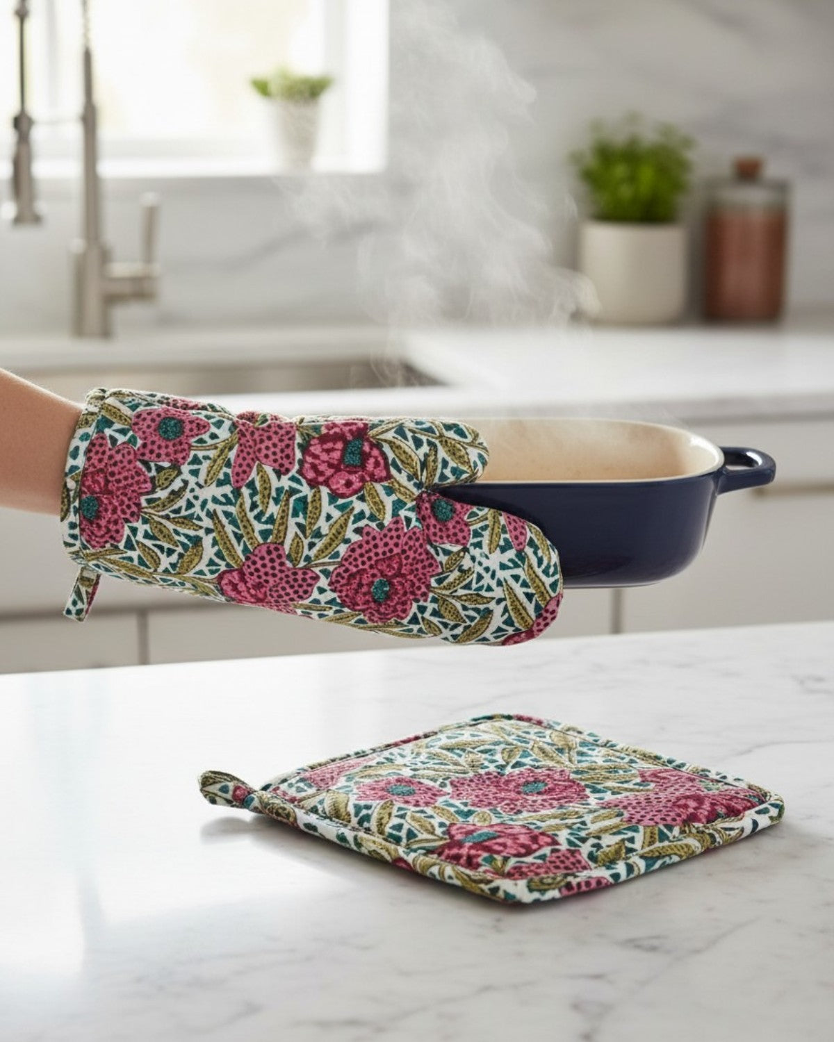 Hand Block Print Oven Mitt Pot Holder Set | Cotton Floral Kitchen Decor