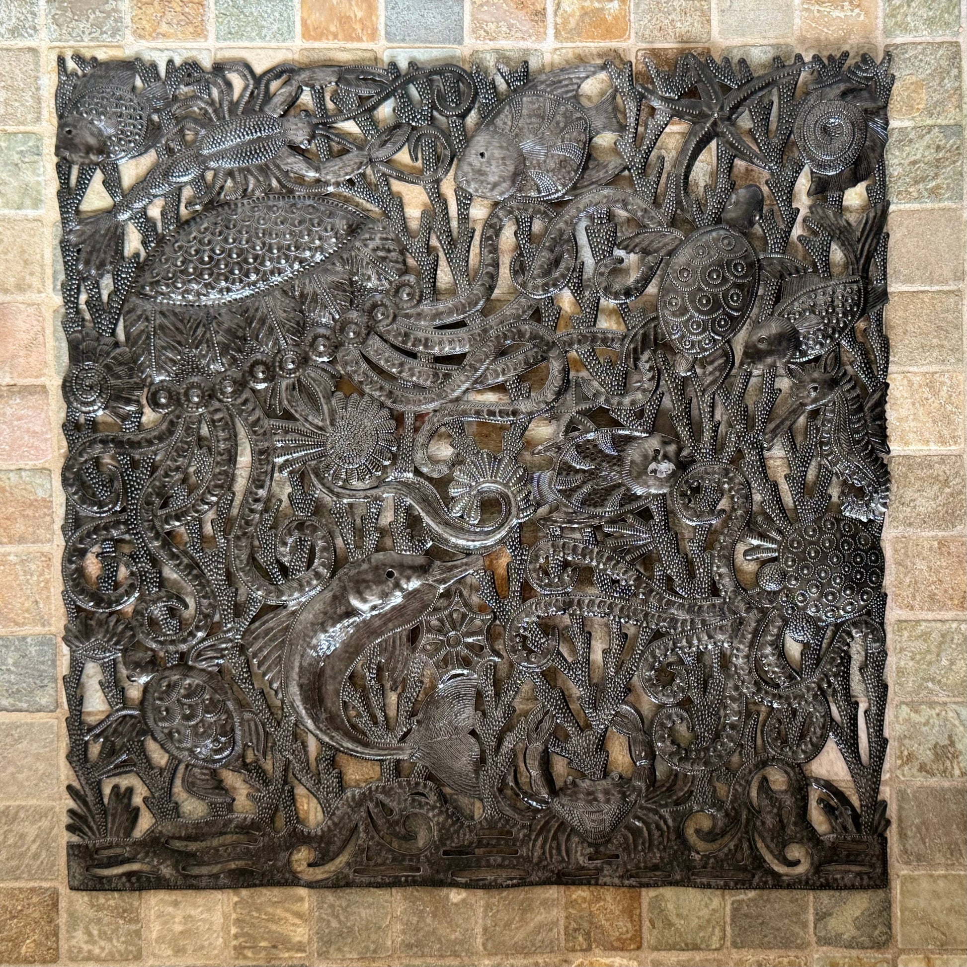 Sea Life, Jellyfish Octopus Recycled Metal Art, 24"x 24"