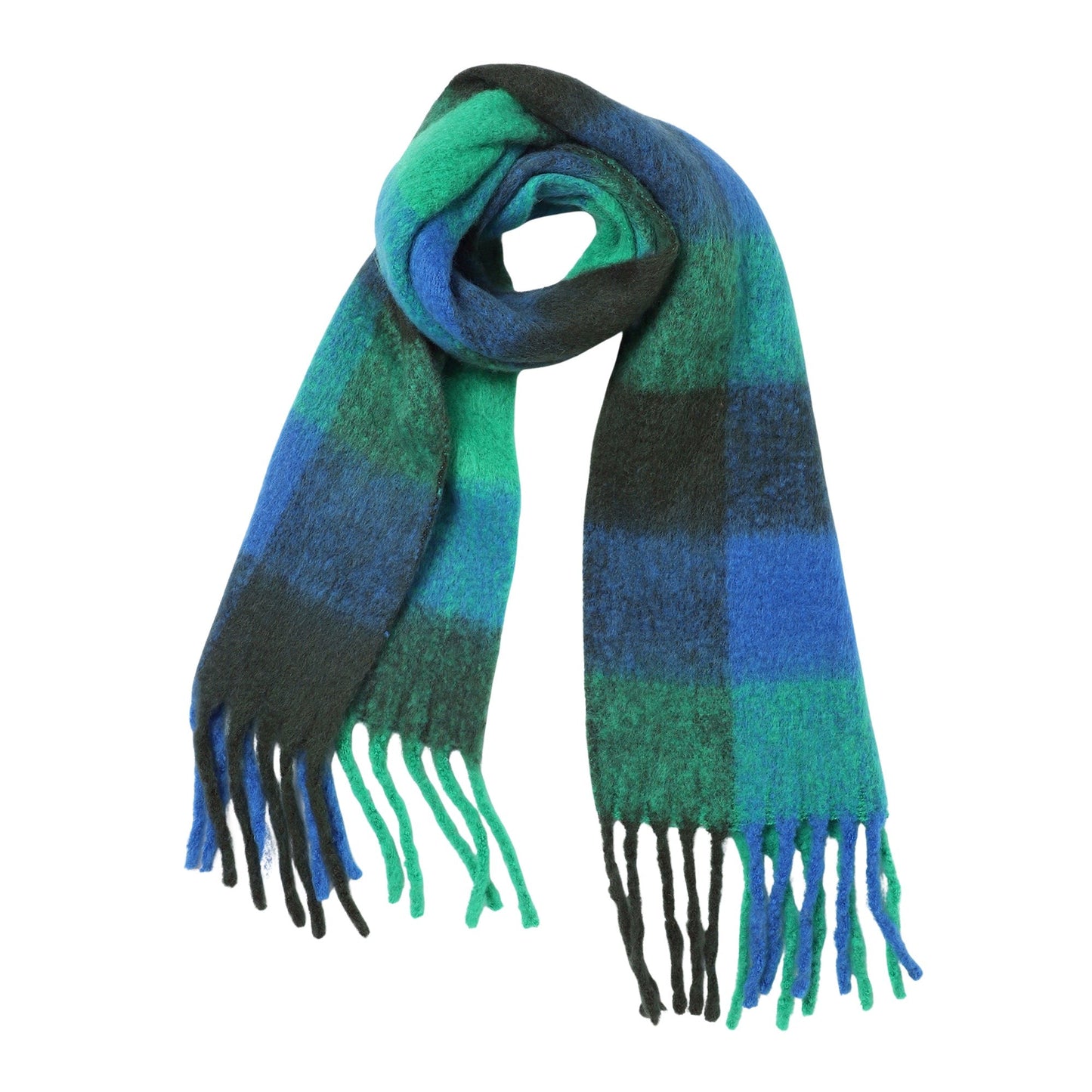 Brushed Checkered Print Scarf - Blue Green