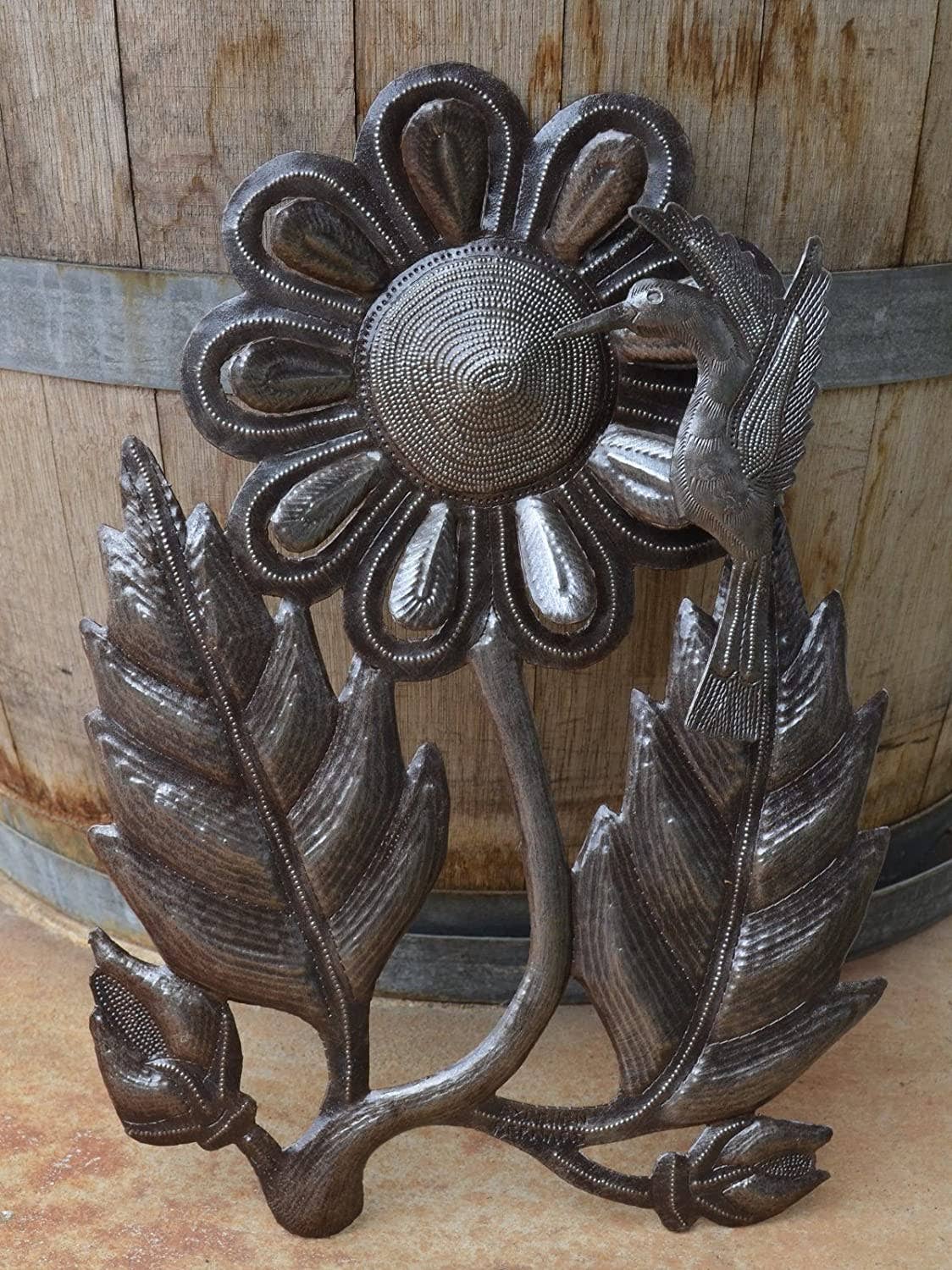11" x 17.5" Hummingbird with Flower, Metal Garden Art
