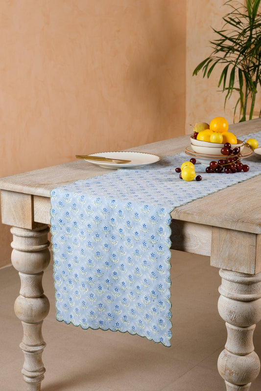 Mona Scallop Embroidered Blockprint Table Runner in Blue