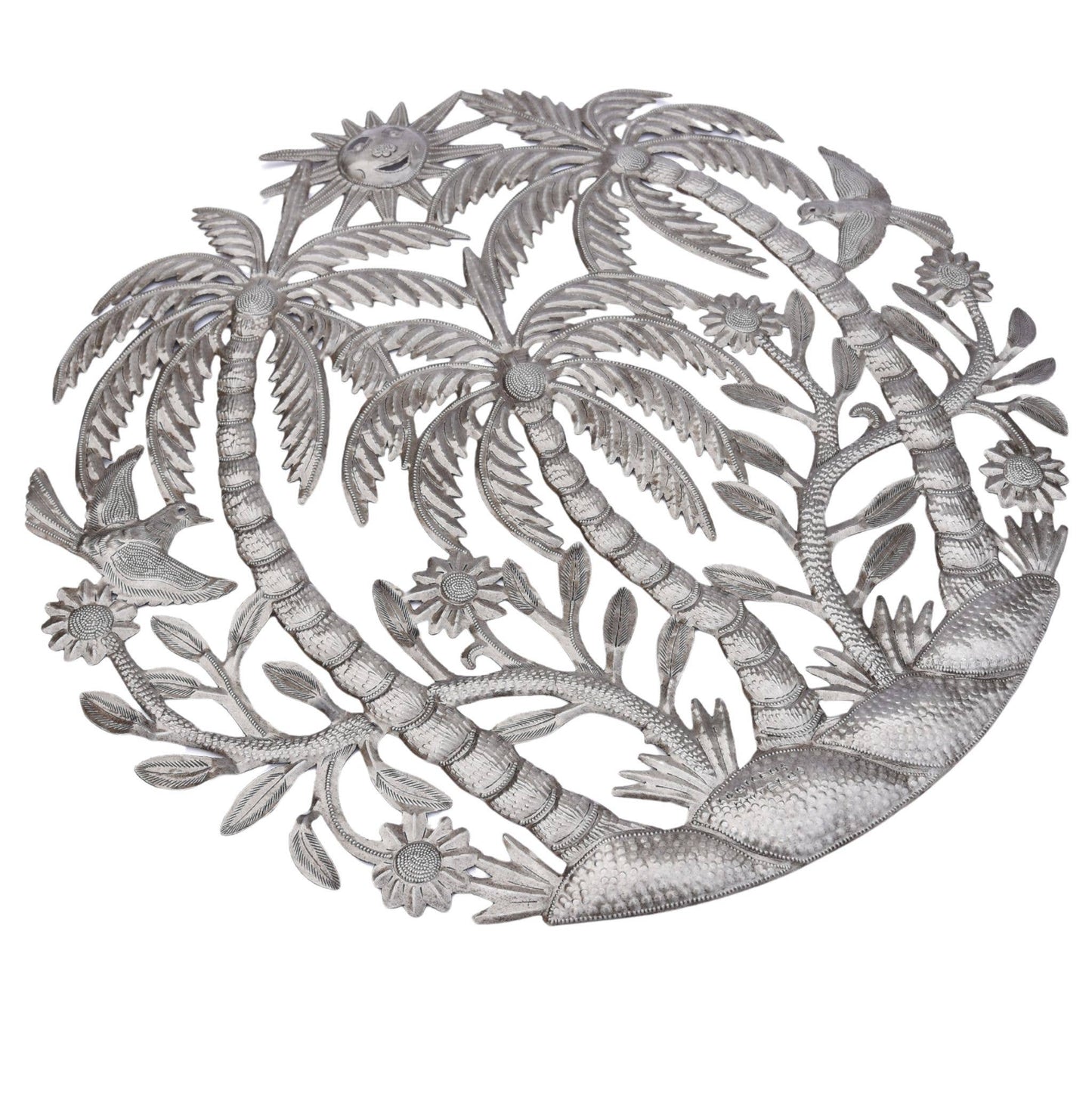 Haitian Metal Wall Art – Palms, Sun & Birds, Fair Trade 23"